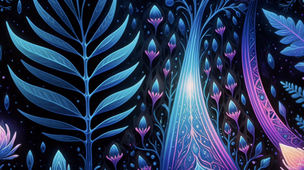 Bio-luminescent fractal flora growing in the dark, a key stage in these visuals for shrooms